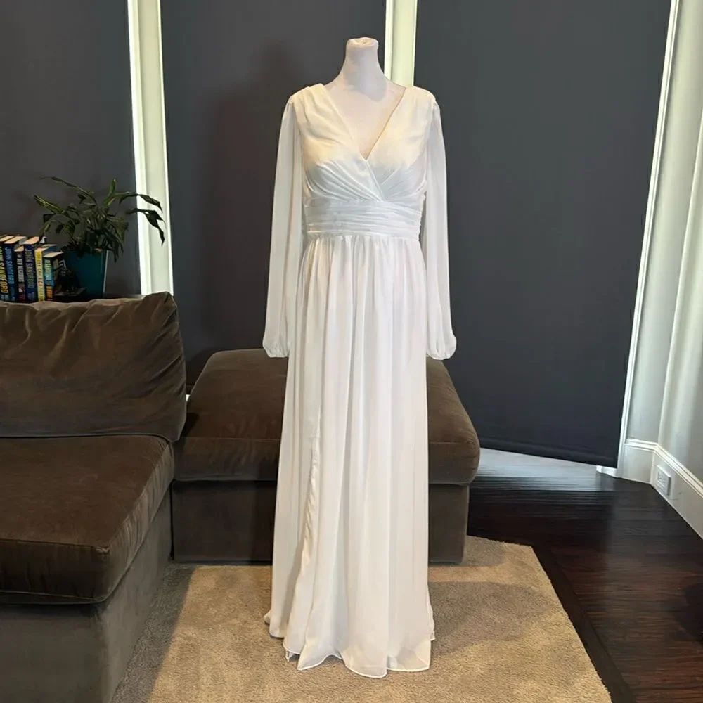 Women’s White Chiffon Full Length Long Sleeve Formal Dress Leg Slit Size 10 NWOT
